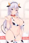  1girl 2018 absurdres alternate_costume animal_costume animal_ears animal_print areolae azur_lane bangs belfast_(azur_lane) bell bell_collar bikini blush breasts cleavage closed_mouth collar collarbone contrapposto cow_bell cow_costume cow_ears cow_girl cow_horns cow_print cow_tail cowboy_shot dated erect_nipples eyebrows_visible_through_hair grey_hair hair_between_eyes hand_up heart heart-shaped_pupils highleg highleg_panties highres horns kuavera large_breasts long_hair looking_at_viewer maid_headdress milk navel paid_reward panties patreon_reward purple_eyes sidelocks skindentation smile solo standing swimsuits symbol-shaped_pupils tail thighhighs twitter_username underboob underwear very_long_hair 