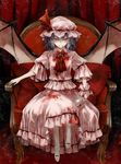  ascot bat_wings blood blood_stain blue_hair cup dress drinking_glass fang hat highres minakata_sunao red_eyes remilia_scarlet short_hair sitting smile solo touhou wine_glass wings 
