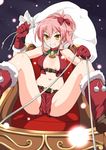  ashuku bare_shoulders bell blush boots breasts christmas gloves grin hair_ribbon highres idolmaster idolmaster_cinderella_girls jingle_bell jougasaki_mika medium_breasts navel pink_hair ponytail red_gloves reins ribbon sack short_hair shorts side_ponytail sitting sled smile solo spread_legs yellow_eyes 