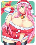  1girl bare_shoulders bell black_legwear black_thighhighs breasts female gloves green_eyes hat huge_breasts long_hair pink_hair plump santa_costume santa_hat sina_and_d smile thighhighs wink 