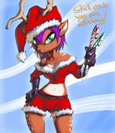  2012 belt breasts brown_fur candy_cane cervine clothed clothing english_text female fur gloves green_eyes hair hat horn mammal midriff navel purple_hair reindeer shorts solo spots standing text thefuckingdevil thighs white_fur 