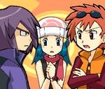  1boy 2girls blue_eyes blue_hair hikari_(pokemon) lowres multiple_girls nintendo nozomi_(pokemon) pokemon pokemon_(anime) purple_hair red_eyes red_hair shinji_(pokemon) sunglasses sunglasses_on_head 