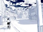  bare_tree bicycle bicycle_basket black_hair black_legwear black_skirt blue building cloud cloudy_sky day emukami facing_away from_behind ground_vehicle highres kneehighs lamppost long_sleeves monochrome original outdoors perspective power_lines road sailor_collar school_uniform serafuku shadow short_hair skirt sky solo standing street telephone_pole town tree 