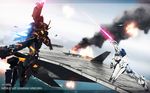  energy_sword explosion garuda_(gundam) gundam gundam_unicorn henry1025 highres mecha no_humans shield sky smoke sword unicorn_gundam unicorn_gundam_banshee weapon 