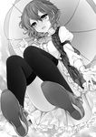  bad_id bad_pixiv_id blouse bow feet frills from_below greyscale hips kazami_yuuka monochrome parasol perspective plaid plaid_vest pov_feet short_hair skirt solo suzume_miku thighhighs touhou umbrella vest zettai_ryouiki 