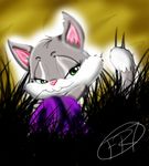  cat feline female feral forestrose7 fur grass green_eyes grey_fur hi_res mammal micro plain_background rita rita_(animaniacs) smile solo yellow_background 