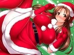  1girl belt bikini breasts brown_eyes brown_hair christmas female gloves hat large_breasts long_hair lying nokoppa on_back original santa_costume santa_hat skirt smile solo spread_legs thighhighs thighs 