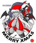  bell big_breasts breasts christmas clothing collar demon erect_nipples female hair hat holidays horn huge_breasts long_hair looking_at_viewer male nipples sack santa_hat smile succubus tight_clothing white_hair wings witchking00 