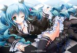  2012 2013 aqua_hair artist_name boots checkered checkered_floor cross-laced_footwear dark_angel_(module) frills green_eyes hatsune_miku high_heels himitsu_keisatsu_(vocaloid) lace-up_boots long_hair one_eye_closed shoes skirt solo suzui_narumi thighhighs twintails very_long_hair vocaloid 