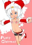  1girl alternate_costume bikini bikini_top blue_eyes blush christmas detached_sleeves english fang female fukurou_(owl222) gradient gradient_background gym_leader hair_ornament hairclip hat heart homika_(pokemon) kneehighs merry_christmas micro_bikini navel pink_background pokemon pokemon_(game) pokemon_bw2 santa_hat shoes shorts simple_background smile solo standing star striped striped_swimsuit swimsuit symbol-shaped_pupils tall_image topknot white_background white_hair white_kneehighs white_legwear 