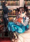  1girl bad_id bad_pixiv_id black_hair black_legwear blue_eyes book boots brown_hair child couch fate/zero fate_(series) full_body hair_ribbon kotomine_kirei library long_hair ocha_(oteaaa) pantyhose ribbon skirt sunlight table toosaka_rin twintails two_side_up younger 