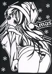  absurdres akiyama_mio black_hair christmas greyscale hat highres hime_cut k-on! kirigami long_hair looking_at_viewer monochrome sack santa_costume santa_hat scan skirt solo underwear very_long_hair 