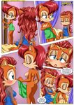  alicia_acorn anthro bbmbbf blue_eyes blush breasts chipmunk cleavage clothed clothing comic dialog dialogue duo english_text eyes_closed female hedgehog looking_back mammal mother nipples palcomix parent rodent sally_acorn sega sonic_(series) sonic_the_hedgehog squirrel text towel 