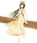  bad_id bad_pixiv_id barefoot brown_hair dress feet flower flower_wreath full_body green_eyes hair_rings head_wreath highres jiaoshouwen long_hair luo_tianyi simple_background sitting solo vocaloid vocanese white_background 