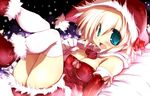  :d aqua_eyes blonde_hair blush bow breasts cleavage detached_sleeves gloves hat looking_at_viewer medium_breasts open_mouth original sakaki_(noi-gren) santa_costume santa_hat smile solo thighhighs white_legwear 