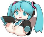  1girl anus breasts censored chibi cum cumdrip detached_sleeves facial green_eyes green_hair hatsune_miku highres long_hair necktie nipples nude open_mouth pixiv_464939 pussy simple_background small_breasts smile solo spread_legs twintails ume_(noraneko) very_long_hair vocaloid white_background 