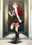  :o backpack bag black_legwear blush brown_hair crime_prevention_buzzer highres kneehighs leg_up loafers looking_at_viewer looking_back open_mouth original purple_eyes randoseru school_uniform shoes short_twintails skirt sody solo standing standing_on_one_leg twintails 