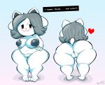 &lt;3 2018 :3 anthro anus areola belly bent_over big_areola big_breasts big_butt breasts butt canine cat deep_navel dialogue dog english_text eyelashes feline female front_view fur grey_hair hair hi_res inverted_nipples looking_away mammal multiple_poses nipples nude pose presenting presenting_hindquarters pussy rear_view short_hair short_stack shy smile solo standing tem temmie_(undertale) termiboi text thick_thighs undertale video_games white_fur wide_hips 