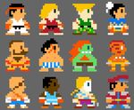  1girl 6+boys bald balrog blanka capcom chun-li dhalsim edmond_honda guile ken_masters m_bison multiple_boys pixel_art ryuu_(street_fighter) sagat short_hair simple_background street_fighter vega zangief 