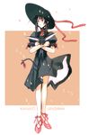  akamatsu_ken artbook bare_legs bell black_cat black_dress black_hair cat character_name choker crossed_arms dress gothic_lolita hat hat_ribbon high_heels highres holding kuro_(love_hina) lolita_fashion long_hair love_hina petals pointy_ears red_eyes ribbon ribbon_choker scan shoes sun_hat tail tail_bell tail_ribbon urashima_kanako 