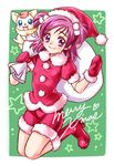  bad_id bad_pixiv_id boots christmas coco_(yes!_precure_5) creature full_body green_background hat highres merry_christmas mittens nekozawa_yukari pink_hair precure purple_eyes santa_costume santa_hat short_hair shorts smile two_side_up yes!_precure_5 yumehara_nozomi 