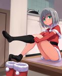  black_legwear blush bob_cut boots christmas coupe50 dressing elbow_gloves gloves green_eyes grey_hair leg_lift legs long_legs looking_at_viewer original panties pantyshot pantyshot_(sitting) red_gloves santa_costume short_hair sitting skirt solo thighhighs underwear 