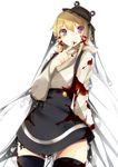  bad_id bad_pixiv_id benio_(dontsugel) blonde_hair blood blood_on_face blood_stain hair_ribbon hat highres looking_at_viewer moriya_suwako red_eyes ribbon short_hair skirt smile solo thighhighs touhou wide_sleeves 