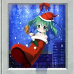  blush boots cityscape food green_eyes green_hair hat izumi_yukiru kisume kuribo's_shoe meat red_pupils santa_hat smile solo touhou twintails 