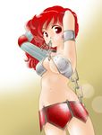  adjusting_hair alternate_hair_color armband armor armpits arms_up benten bikini_armor blush bridgeless_bra chain groin looking_at_viewer mouth_hold nogi_yuzuka red_eyes red_hair solo urusei_yatsura 