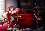  bangle bare_shoulders belt bookshelf bracelet breasts buntaichou cleavage corset dagger demon_girl detached_sleeves dress fake_horns hairband highres horns huge_breasts inkwell jewelry long_hair maou_(maoyuu) maoyuu_maou_yuusha messy pantyhose photo_(object) pillow quill reading recliner reclining red_dress red_eyes red_hair smile solo weapon white_legwear yuusha_(maoyuu) 