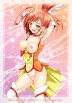  arms_behind_head bad_id bad_pixiv_id blush breasts breasts_outside choker cure_sunny hino_akane_(smile_precure!) itachou magical_girl medium_breasts nipples orange_choker precure red_eyes red_hair short_hair smile_precure! solo thighhighs white_legwear 