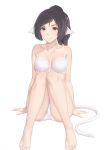  1girl animal_ears arm_support arms_at_sides barefoot black_hair bra breasts brown_eyes closed_mouth collarbone commentary_request eyebrows_visible_through_hair highres knees_up kuon_(utawareru_mono) long_hair looking_at_viewer medium_breasts miura-n315 no_pupils panties ponytail simple_background sitting smile solo tail underwear underwear_only utawareru_mono white_background white_bra white_panties 