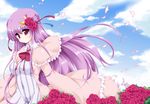  alternate_hairstyle blush breasts covered_navel covered_nipples crescent crescent_hair_ornament double_bun flower hair_flower hair_ornament kanatsu large_breasts long_hair no_hat no_headwear patchouli_knowledge petals purple_hair red_eyes red_flower red_rose rose solo touhou 