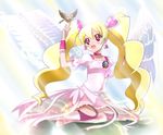  angel_wings bird bird_on_hand blonde_hair blush boots choker cure_angel_(fresh_precure!) cure_peach earrings fresh_precure! full_body hair_ornament hairpin haru_(nature_life) heart heart_hair_ornament jewelry knee_boots long_hair magical_girl momozono_love pink_choker pink_eyes precure purple_legwear skirt smile solo twintails wings wrist_cuffs 