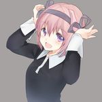 :d arms_up bunkyo_takemi elfen_lied grey_background hairband long_sleeves nana_(elfen_lied) open_mouth pink_eyes pink_hair purple_eyes short_hair simple_background smile solo 