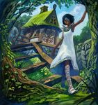  black_hair dark_skin dress eyepatch forest house lack nature tree white_witch_(lack) 