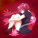  bad_id bad_pixiv_id dress elfen_lied from_side full_body horns legs nana_(elfen_lied) nisi9 pink pink_hair profile purple_eyes red_background sad short_dress short_hair sitting solo vectors 
