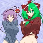  aqua_eyes blush bottomless breasts clothes_lift clothes_tug embarrassed eyeball front_ponytail green_hair groin hair_ribbon hairband heart huge_breasts kagiyama_hina komeiji_satori long_hair multiple_girls navel one_eye_closed oro_(zetsubou_girl) purple_eyes purple_hair ribbed_sweater ribbon short_hair smile sweater sweater_lift sweater_tug third_eye touhou 