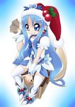  blue_choker blue_eyes blue_hair blue_skirt bow chair choker christmas cure_marine full_body grin hair_ornament hairpin hat heartcatch_precure! highres holly kurumi_erika long_hair magical_girl masakichi_(heppouku) precure ribbon santa_hat shoes skirt smile socks solo thighhighs white_legwear wrist_cuffs zettai_ryouiki 