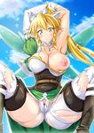  armpits arms_behind_head blonde_hair blush braid breasts censored choker clitoris cloud day green_eyes green_wings jeibii large_breasts leafa long_hair nipples pointless_censoring ponytail sky solo spread_legs sword_art_online thighhighs torn_clothes twin_braids white_legwear wings 