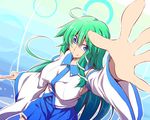  ahoge blue_eyes breasts detached_sleeves fuyuwa_kotatsu gohei green_hair hair_ornament kochiya_sanae large_breasts long_hair sideboob skirt smile snake_hair_ornament solo touhou 