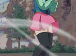  animated animated_gif capcom eyes_closed flat_chest lowres miniskirt open_mouth red_hair rockman rockman_exe sakurai_meiru short_hair skirt thighhighs wind 