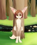  big_ears brown_eyes brown_hair canine cub delicious_(artist) female fennec fox hair hi_res mammal pussy river solo tree young 