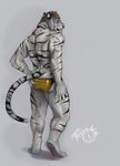  back brown_hair davidtigerific feline green_eyes hair hindpaw looking_at_viewer looking_back male mammal paws plain_background solo standing stripes tiger trunorth underwear white_tiger 