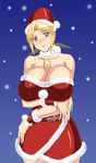  bare_shoulders bell bell_collar belt blonde_hair blue_eyes bow breast_hold breasts cleavage collar collarbone dead_or_alive dress fur_collar hair_bow hat helena_douglas huge_breasts long_hair natsuru_(anglachel) no_bra ponytail santa_costume santa_hat smile solo strapless strapless_dress wristband 