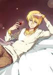  alcohol blonde_hair bracelet cup drinking_glass error fate/zero fate_(series) gilgamesh highres jewelry linjie male_focus necklace red_eyes solo wine wine_glass 