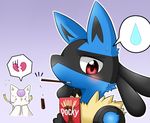  chocolate eating female heartbroken lucario male mammal mienshao nintendo pocky pok&#233;mon pok&eacute;mon red_eyes tears video_games 