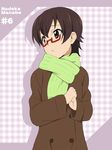  blush brown_eyes brown_hair coat glasses ikari_manatsu k-on! looking_away manabe_nodoka plaid plaid_background red-framed_eyewear scarf short_hair solo 