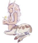  bandage breasts female flower hair half-dressed hooves horn long_hair lying monster monster_girl plain_background red_eyes smile solo taur topless transparent_background warner white_hair 