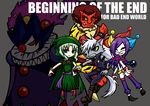  4boys afro akaooni bad_id bad_pixiv_id blonde_hair blue_eyes blue_hair boots bracelet brown_eyes card chibi clown dress ebony-thunder fang green_eyes green_hair grey_background high_heels jewelry joker_(smile_precure!) majorina mask multicolored_hair multiple_boys pants pierrot_(smile_precure!) playing_card precure purple_hair red_hair red_skin shoes smile_precure! werewolf white_hair wolfrun yellow_sclera 